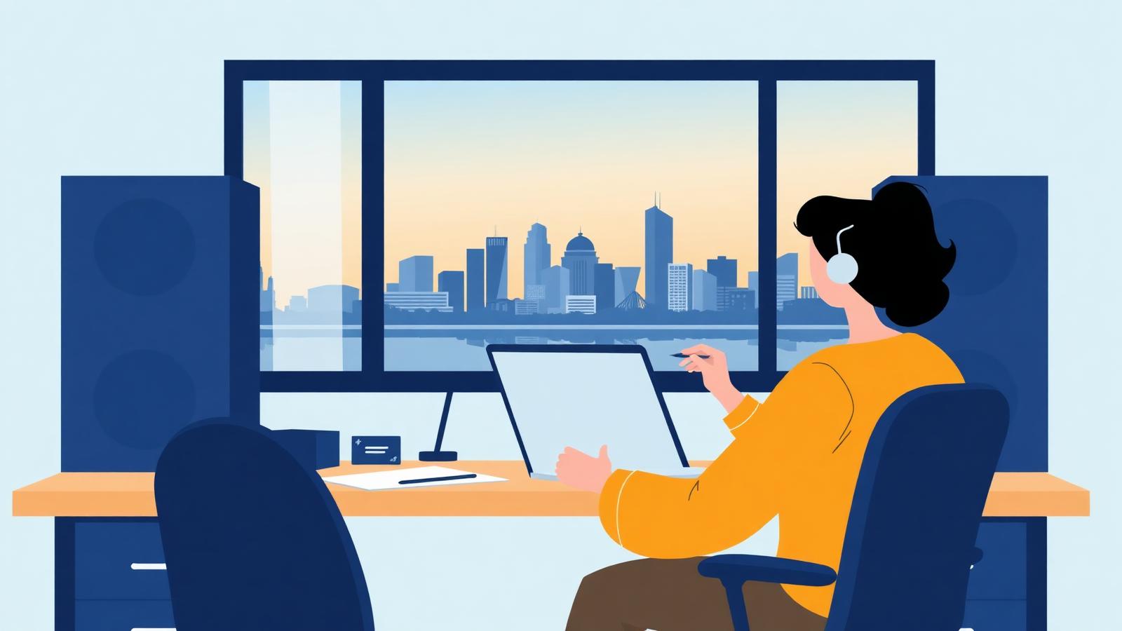 Iowa-based website designer working at desk with Des Moines skyline in the background