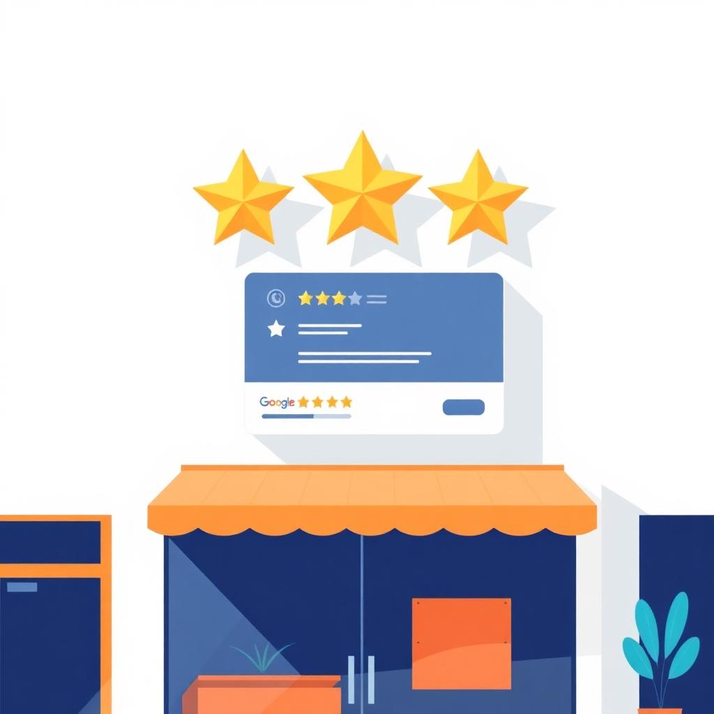 Five gold stars and a Google review card floating above a small business storefront