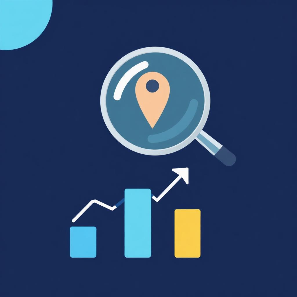 Magnifying glass over a growing bar chart with a location pin, illustrating small business local SEO