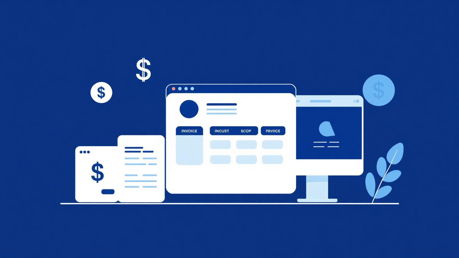 Website pricing illustration with browser windows and dollar signs on navy background