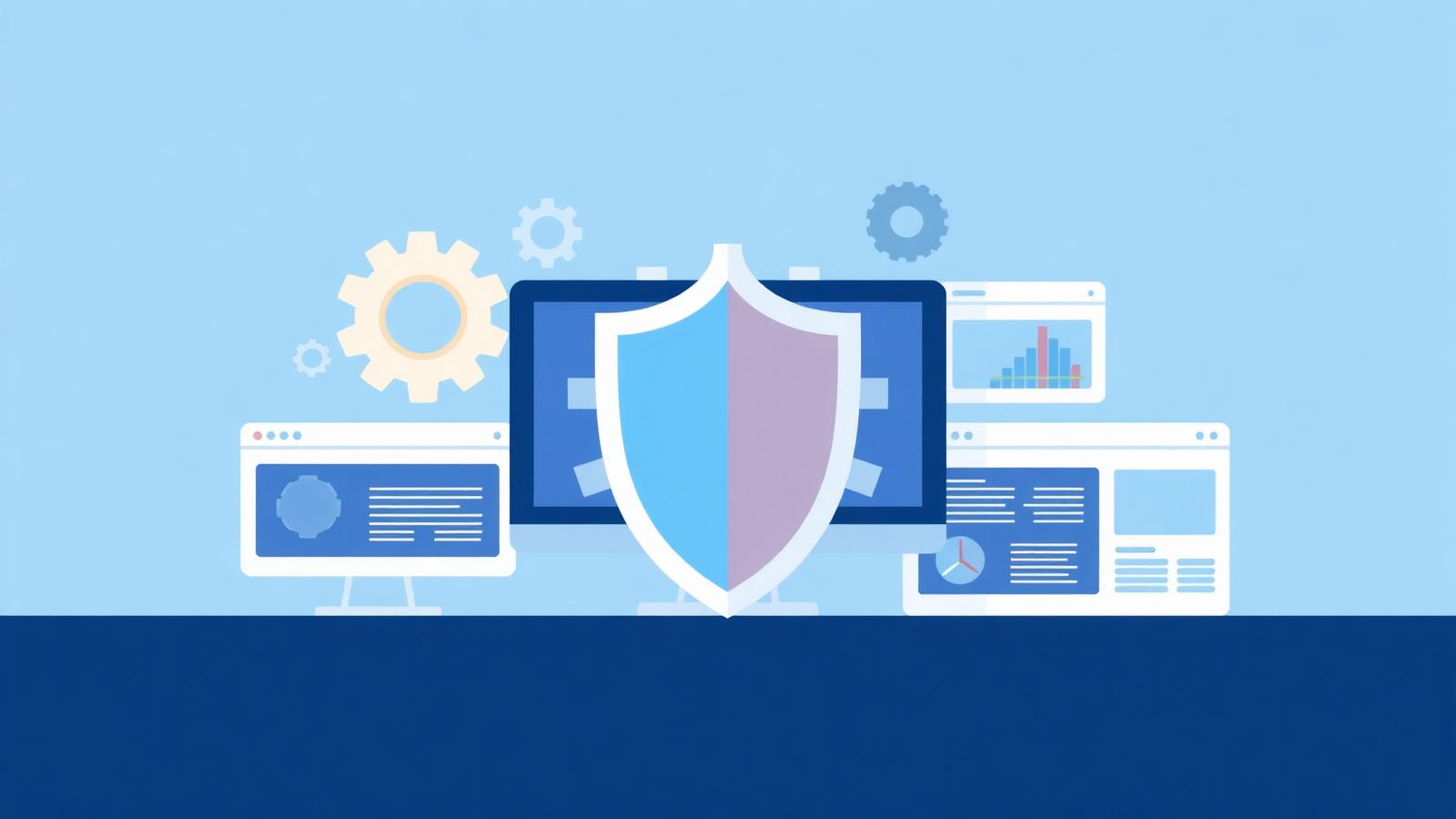 Website maintenance illustration with shield, gears, and dashboard on light blue background