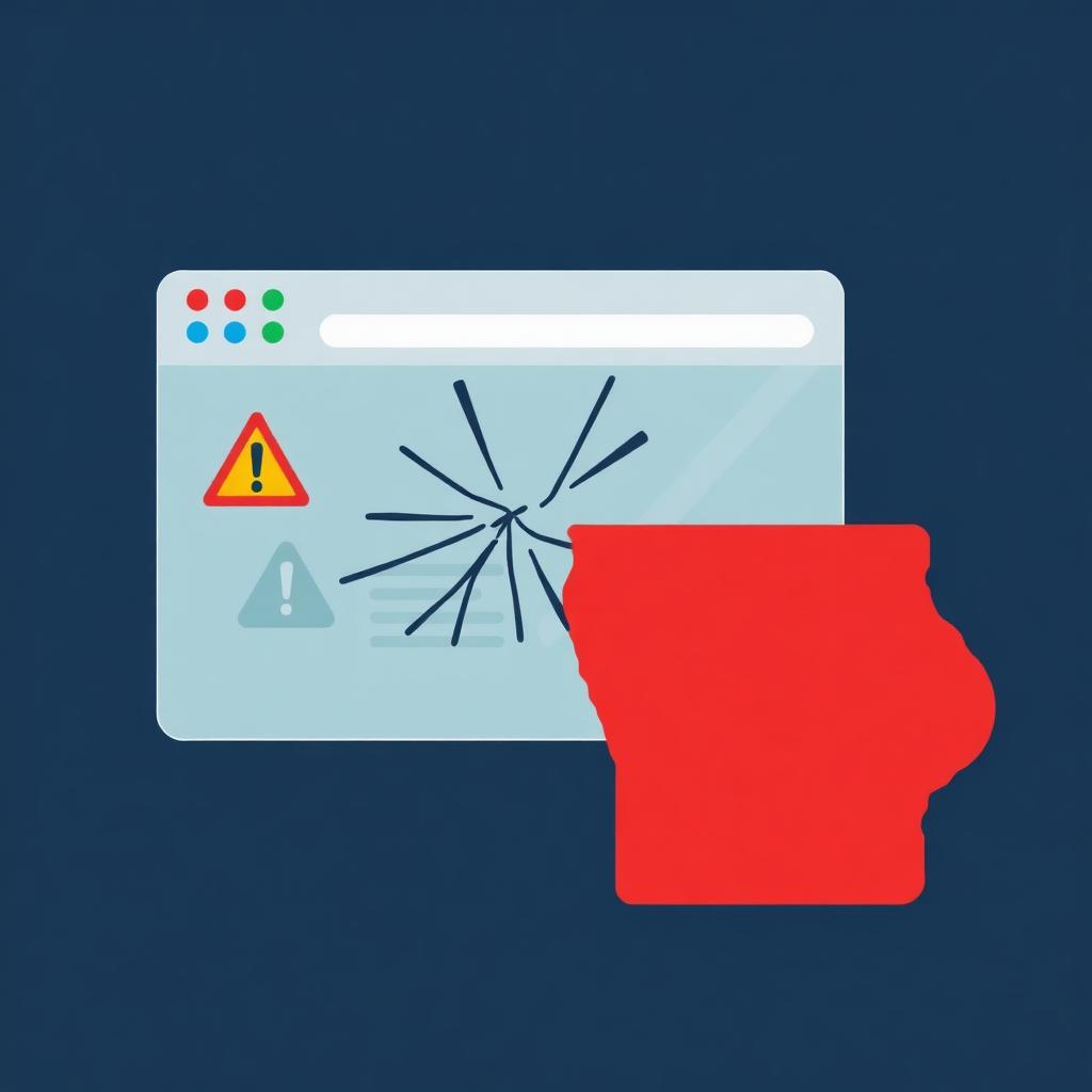Broken browser window with warning symbols next to a red Iowa state outline