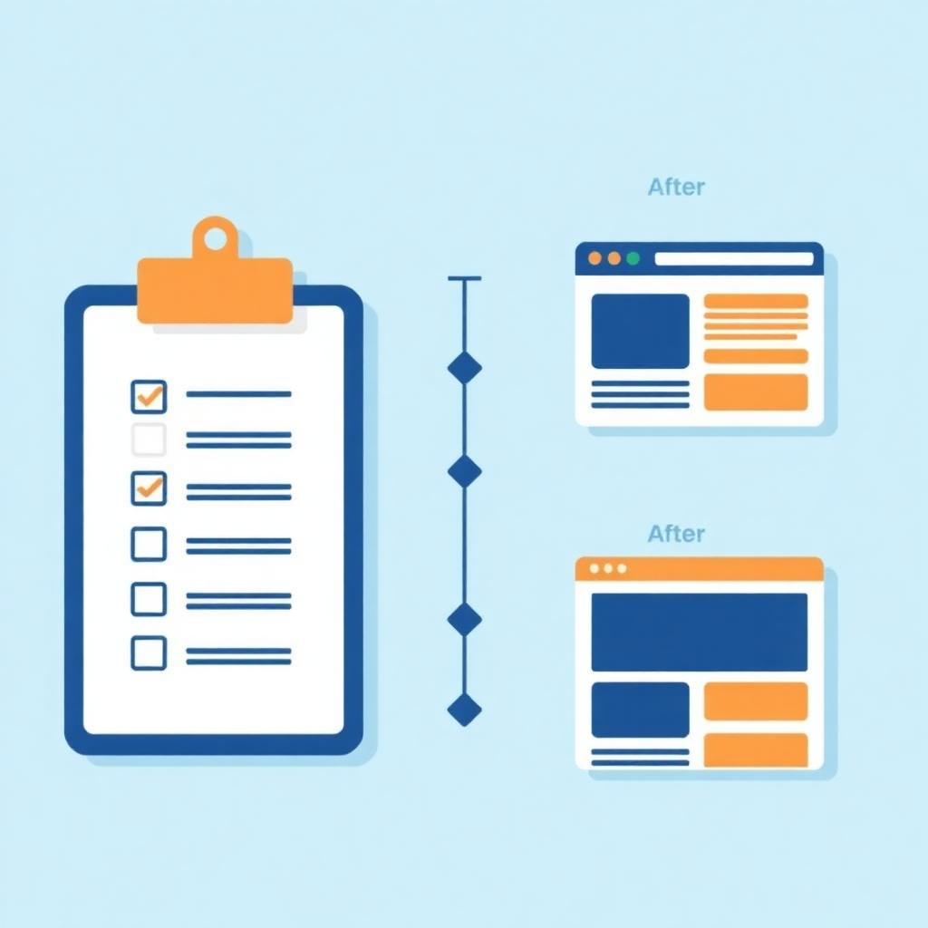 Website redesign checklist on a clipboard next to before and after browser mockups